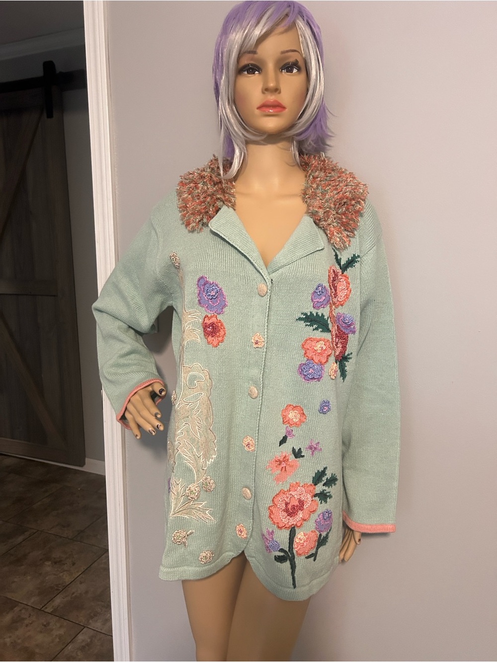 Storybook Knits Light Mint Floral Embroidered Cardigan with Textured Collar